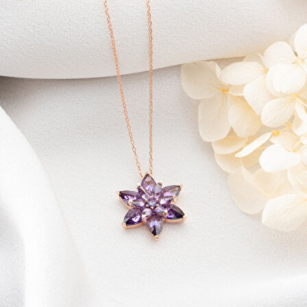 Vaoov 925 Ayar Gümüş Mor Taşlı Katmanlı Lotus Kolye
