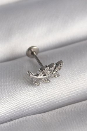 316L Çelik Gümüş Renk Dal Model Zirkon Taş Detaylı Tragus Piercing 5886