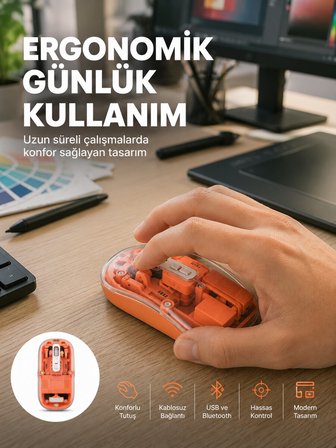 Şeffaf Kablosuz Mouse Bluetooth Bağlantılı Sessiz Tıklama Yeni Nesil