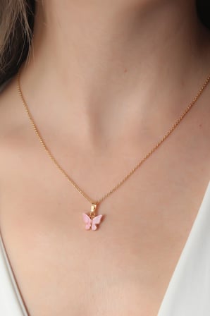 Gold Pembe Renk Kelebek Figür Kadın Kolye 5886