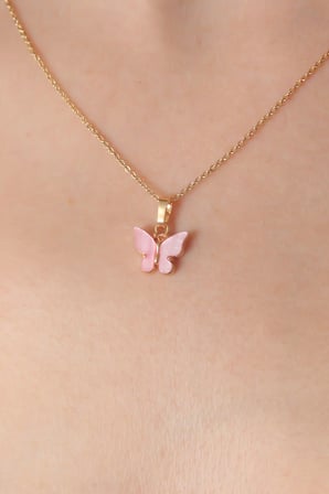 Gold Pembe Renk Kelebek Figür Kadın Kolye 5886