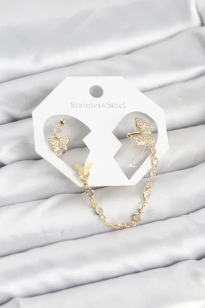 Kelebek Model Pirinç Gold Renk Zincir Bağlantılı Ear Cuff Küpe Seti 5886