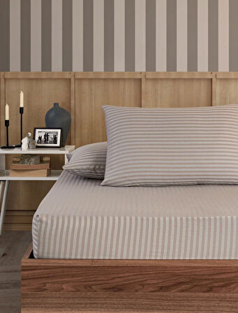 Pamuklu Çizgili Saten Tek Kişilik Lastikli Çarşaf Seti 100x200cm30 Cm 1 Adet Yastık Kılıfı 50x70 Taş Gri