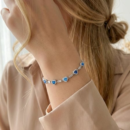 925 Ayar Gümüş Rodyum Kaplama Mavi Taşlı Kalp ve Baget Bileklik