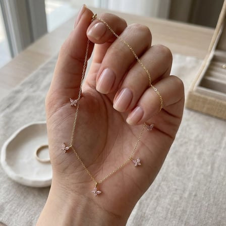 925 Ayar Gümüş Pembe Taşlı Altın Kaplama Şans Kelebek Kolye