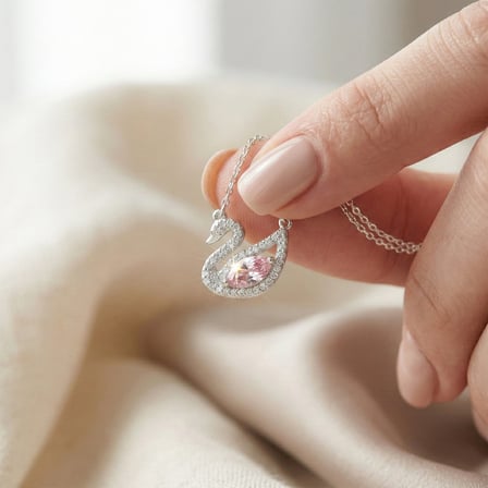 925 Ayar Gümüş Rodyum Kaplama Pembe ve Beyaz Taşlı Kuğu Kolye