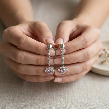 925 Ayar Gümüş Pembe Taşlı Pati Sallantılı Küpe