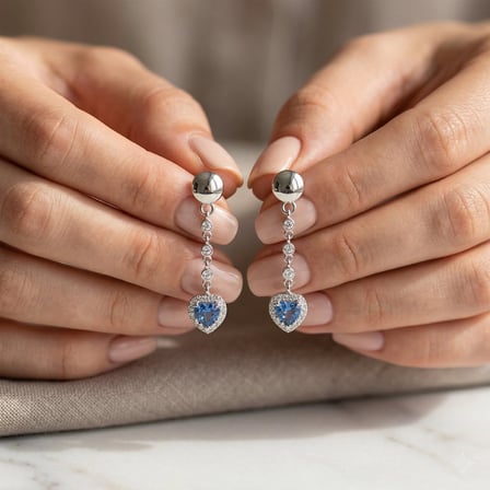 925 Ayar Gümüş Rodyum Kaplama Mavi Kalp Sallantılı Küpe
