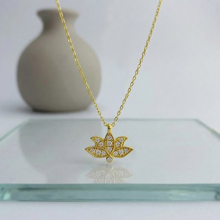 925 Ayar Gümüş Üzeri Altın Kaplama Minimal Lotus Çiçeği Kolye