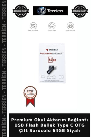 Premium Okul Aktarım Bağlantı USB Flash Bellek Type C OTG Çift Sürücülü 64GB Siyah