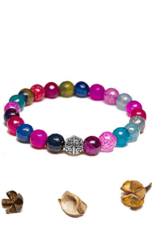 Sertifikalı Aaa+ Fasetli Pembe Mavi Akik Taşı Bileklik - Gümüş Aparatlı