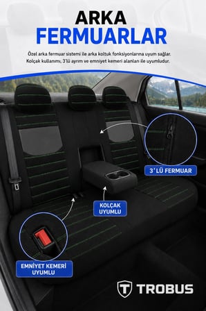 Dacia Logan 2004 Sonrası Uyumlu Veyron Serisi Siyah Yeşil Tay Tüyü Koltuk Kılıfı