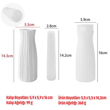 Uzun Çizgili Dekoratif Vazo Yapım Kalıbı – Beton, Alçı ve Reçine Dökümüne Uygun, İç Boşluk Aparatlı, Tekrar Kullanılabilir Hobi Kalıbı