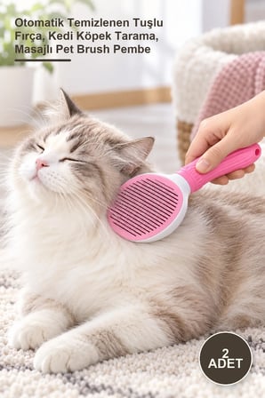 2 Adet Evcil Hayvan Tüy Toplama Tarağı – Otomatik Temizlenen Tuşlu Fırça, Kedi Köpek Tarama, Masajlı Pet Brush Pembe