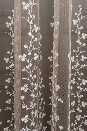 Bej Vizon Açık Kahve Renk Sağ Sol Kanat Fon ve İç Tül Takım Kombin Papatyalı Degrade Tül Perde