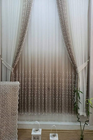 Bej Vizon Açık Kahve Renk Sağ Sol Kanat Fon ve İç Tül Takım Kombin Papatyalı Degrade Tül Perde