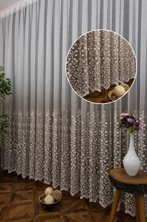 Bej Vizon Açık Kahve Renk Sağ Sol Kanat Fon ve İç Tül Takım Kombin Papatyalı Degrade Tül Perde