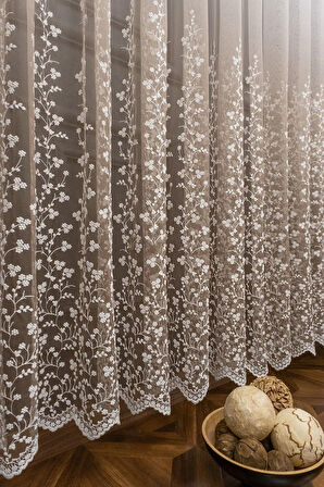 Bej Vizon Açık Kahve Renk Sağ Sol Kanat Fon ve İç Tül Takım Kombin Papatyalı Degrade Tül Perde