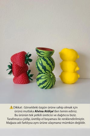 Meyve Figürlü 3'lü Dekoratif Vazo Seti - Çilek Karpuz Limon Tasarımlı El Boyaması 3D Vazo - Bioplastik
