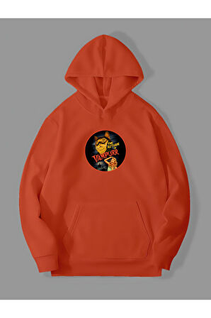 3 İplik Vampurr Baskılı Turuncu Kanguru Cepli Kapüşonlu Sweatshirt Hoodie | XL