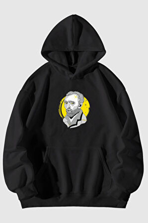 Vangogh Baskılı Unisex Siyah Kanguru Cepli Kapüşonlu Sweatshirt Hoodie | XL