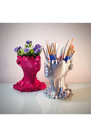 Futuristik 3D Baskı Gümüş Gri İnsan Başlık Vazo (13 cm)