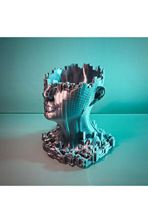 Futuristik 3D Baskı Gümüş Gri İnsan Başlık Vazo (13 cm)