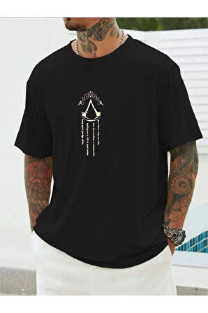 Erkek Siyah V Dikey Baskılı Oversize Bisiklet Yaka T-shirt