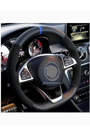 Opel Vectra A Alkantra Uyumlu Karbon Dikmeli Direksiyon Kılıfı Mavi Yüzüklü