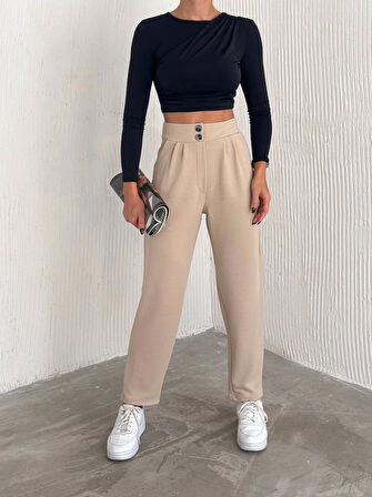 örme krep pantolon çift düğmeli