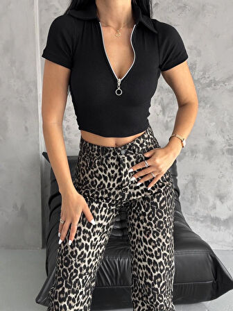 kaşkorse yaka fermuarlı bluz siyah