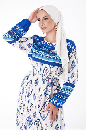 Düz Bisiklet Yaka Kadın Mavi Etnik Desenli Elbise