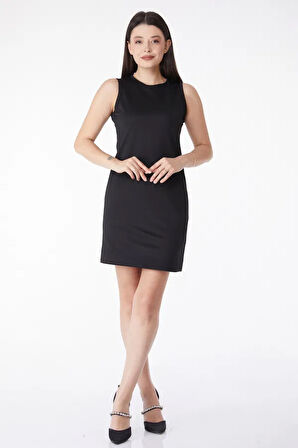 Düz Bisiklet Yaka Kadın Siyah Mini Elbise
