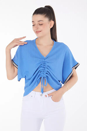 V yaka büzgülü detaylı bluz