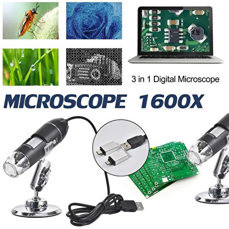 1600X Dijital Mikroskop USB LED Işıklı Telefon & PC Uyumlu Büyüteç Yüksek Çözünürlük Micro Type-C