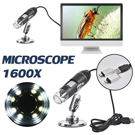 1600X Dijital Mikroskop USB LED Işıklı Telefon & PC Uyumlu Büyüteç Yüksek Çözünürlük Micro Type-C