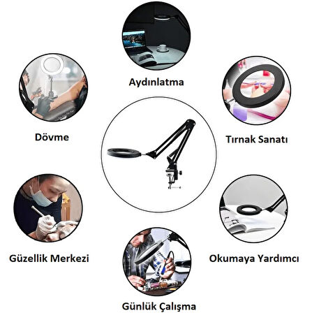 Büyüteçli Masa Lambası LED Işıklı 5/8X Mercekli Göz Koruyucu Işık USB Kısılabilir Aydınlatma Okuma