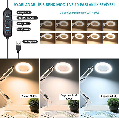Büyüteçli Masa Lambası LED Işıklı 5/8X Mercekli Göz Koruyucu Işık USB Kısılabilir Aydınlatma Okuma