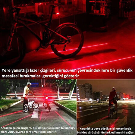 Lazer Güvenlik Işıklı Bisiklet Lambası Arka Led Ikili Lazer 7 Mod Çakarlı