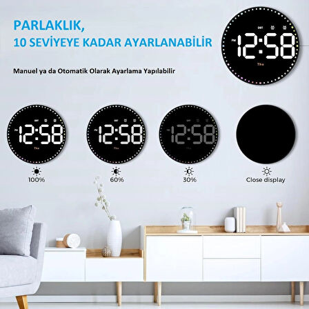 10'' Akıllı Dijital Duvar Saati LED Ekran Uzaktan Kumanda 10 Kademe Parlaklık Alarm Sıcaklık Tarih