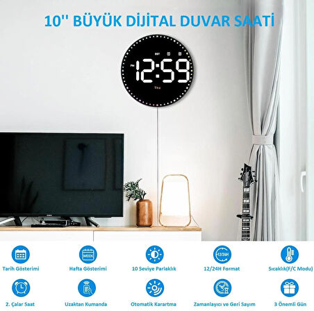 10'' Akıllı Dijital Duvar Saati LED Ekran Uzaktan Kumanda 10 Kademe Parlaklık Alarm Sıcaklık Tarih