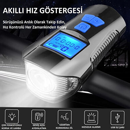 120DB Bisiklet Korna Far 6 Zil Sesi 5 Sürüş Modu Ekranlı Çok Fonksiyonlu Kilometre Saati USB Şarjlı