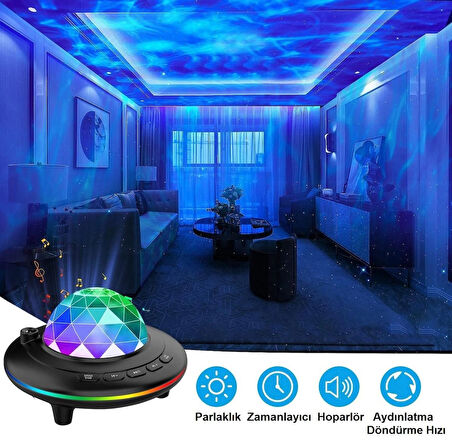 Bluetooth Projektör Gece Lambası Uzaktan Kumandalı RGB LED Hoparlör Yıldızlı Gökyüzü Işık Efekti