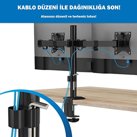 Ayarlanabilir Masaüstü Çift Kol Monitör Tutacağı Stand 32'' Ekran Desteği Ergonomik VESA Uyumlu