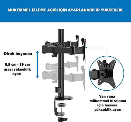 Ayarlanabilir Masaüstü Çift Kol Monitör Tutacağı Stand 32'' Ekran Desteği Ergonomik VESA Uyumlu