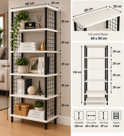 Kitaplık 5 Raflı Geniş Ayakkabılık Banyo Düzenleyici Dekoratif Mutfak Rafı