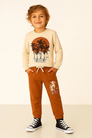 Tropical  Baskılı Uzun Kollu Lastikli Bel Cepli  Unisex Çocuk Alt Üst Takım