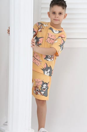 unisex tom&jery baskılı kısa kollu şortlu ikili takım