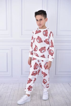 Ayıcık Baskılı Uzun Kollu Çocuk Alt Üst Ikili Takım Unisex