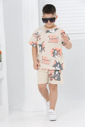 unisex tom&jery baskılı kısa kollu şortlu ikili takım